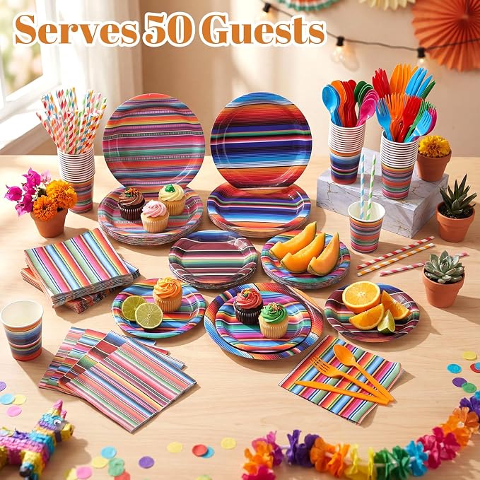 450 Pcs Mexican Serape Party Tableware Set Fiesta Decorations Taco Bar Paper Plates Colorful Stripes Napkins Cups Cutlery Straws for Taco Tex Mex Birthday Party Supplies, Serves 50