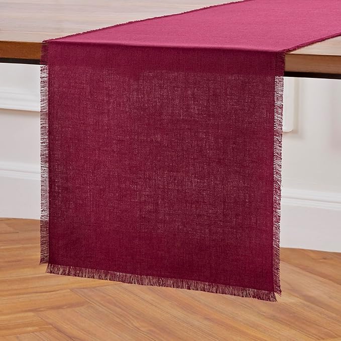 Solino Home Linen Beet Table Runner 72 Inches Long - Fringe, 100% Pure Linen Dining Table Runner 14 x 72 Inch for Mothers Day