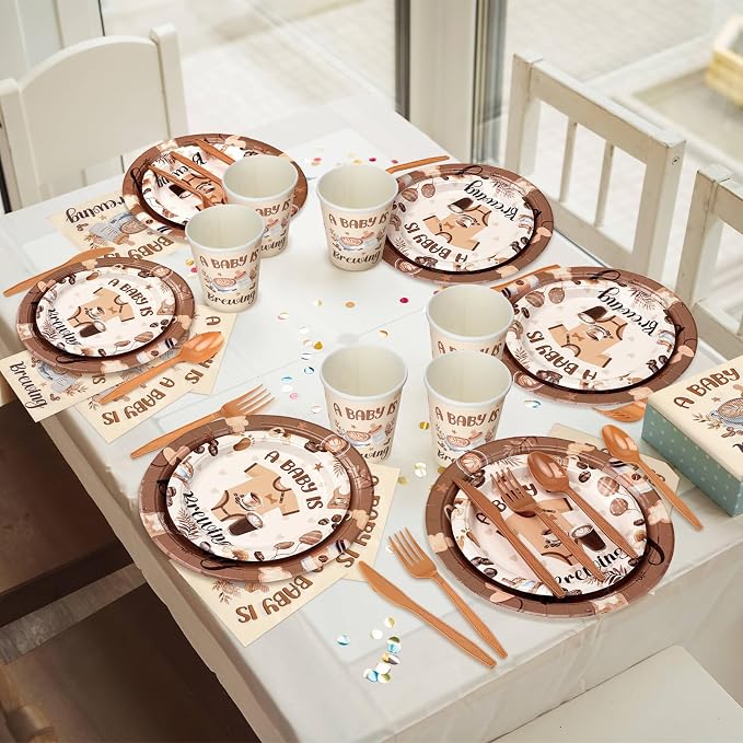 Yungyan 252 Pcs A Baby Is Brewing Baby Shower Party Tableware Set Included Plates Napkins Cups Forks Knives Cutlery for Party Decorations Supplies 36 Guests