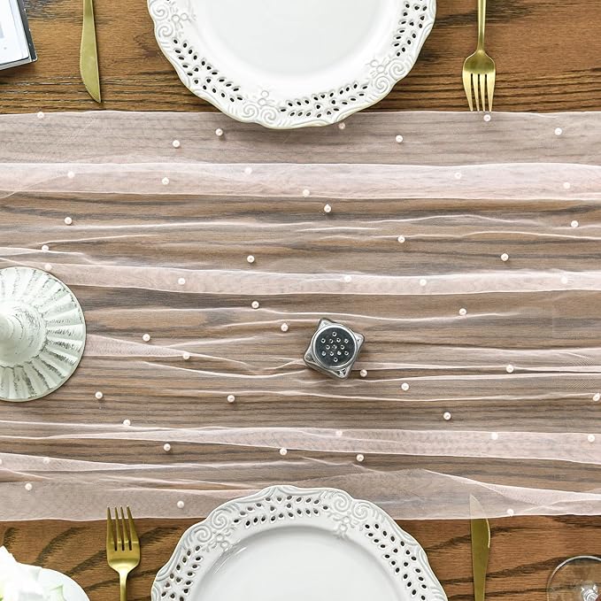 Artoid Mode 3PCS Pearl Pink Gauze Table Runner 120 Inch 10FT, Seasonal Sheer Dining Holiday Wedding Birthday Baby Shower Table Decor for Home Party