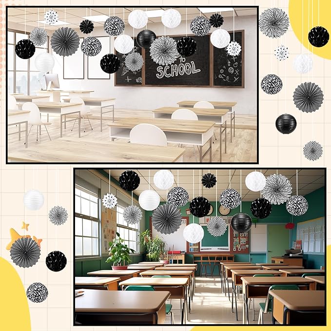Retisee 18 Pcs Composition Classroom Decoration Kits Black and White Composition Hanging Paper Lanterns Paper Fans Honeycomb Balls Decor for Graduation End of Year School Classroom Supplies