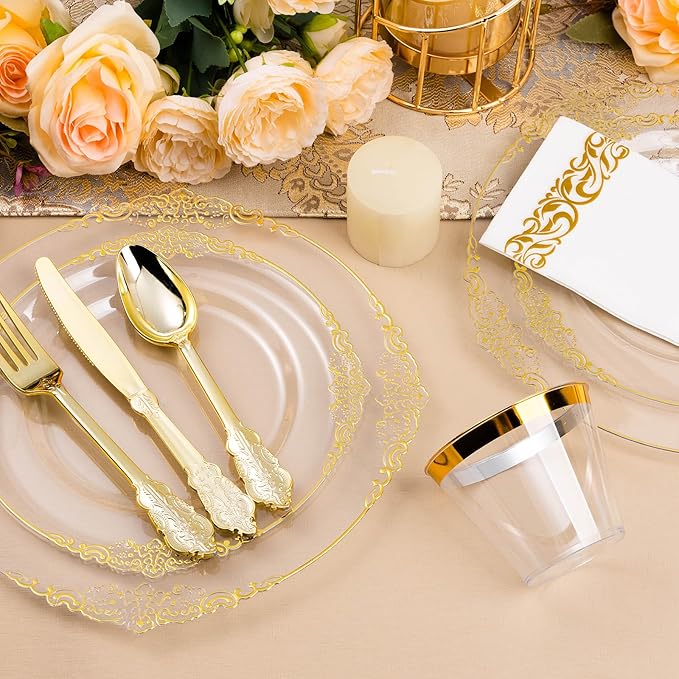 Bestluck 350PCS Clear Gold Plastic Plates for 50 Guests, Disposable Dinnerware Set Includes 100 Clear Disposable Plates, 150 Gold Silverware, 50 Cups, 50 Napkins for Party, Wedding