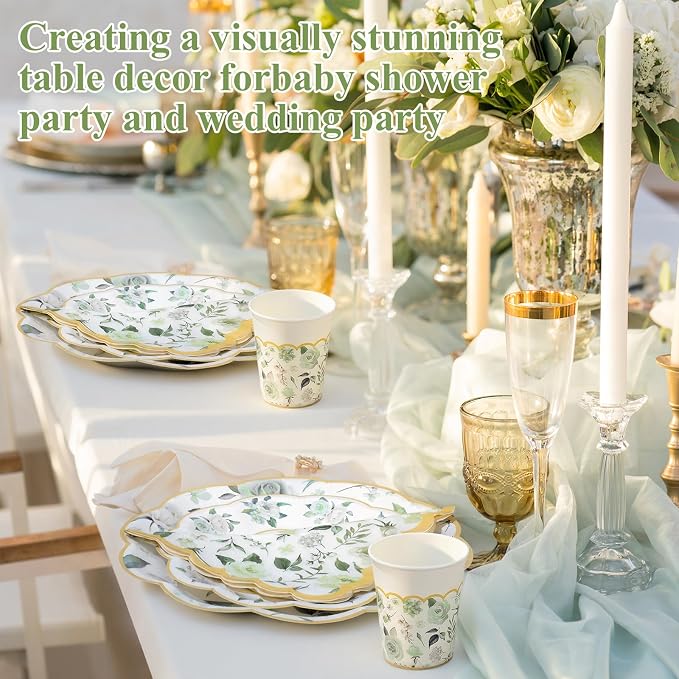 Funnymoom 250 Pcs Floral Party Decorations Flower Paper Plates Napkins and Cups Green and Gold Floral Disposable Tableware Set for Bridal Shower Baby Shower Wedding Spring Tea Party Supplies Serves 50