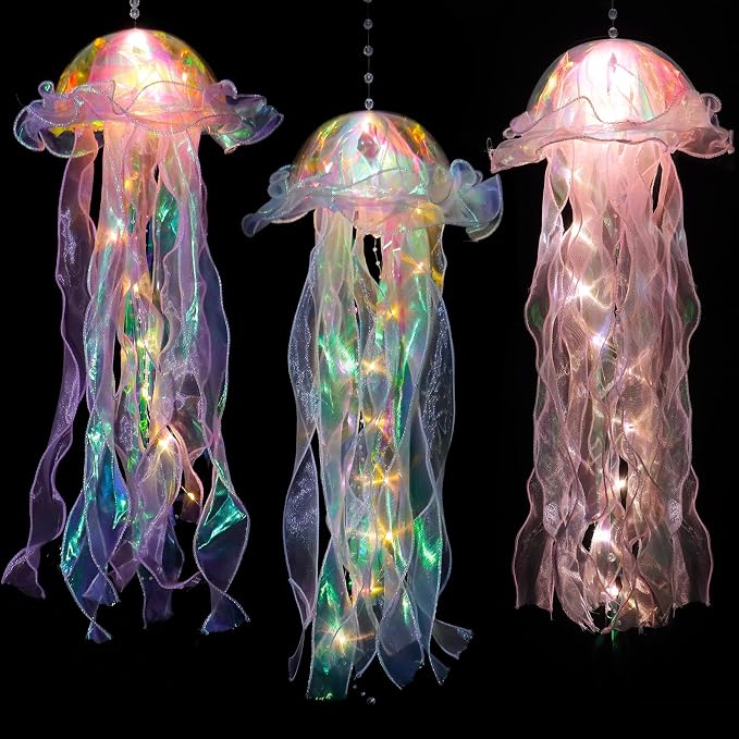 Glitter Iridescent Jellyfish Hanging Decor Blue Purple Jellyfish Kit for Under The Sea Little Mermaid Party Decoration Centerpiece Hanging Jelly Fish Decor Ocean Birthday Baby Shower Party Supplies