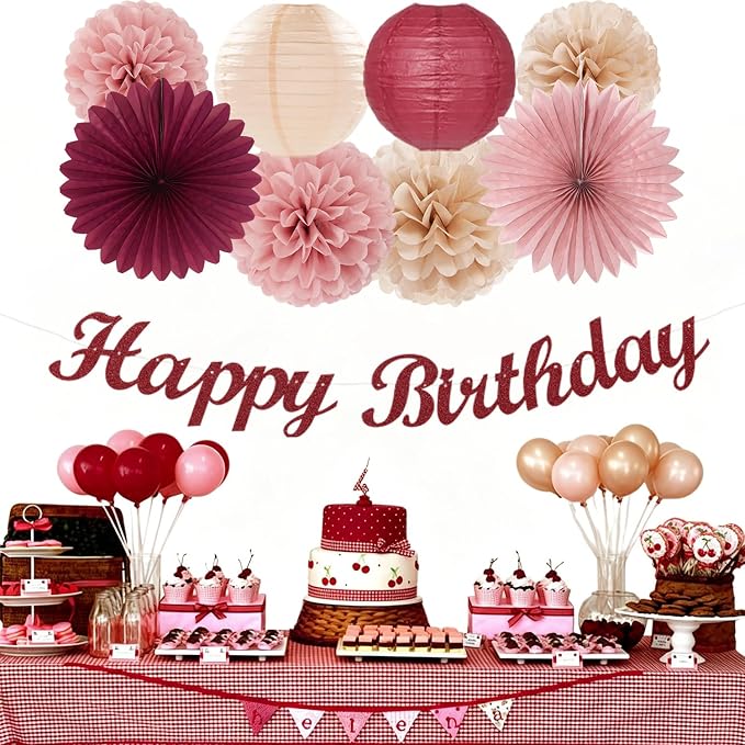 Rose-Gold Burgundy Champagne Women Birthday Party Decorations Hugmoon | 31pcs 67 50th Cherry Pastel Girls Banner,Paper Lanterns,Streamers, Pom Poms Fans,Tassel Garland Birthday Kit Decor Backdrop