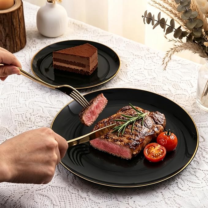 YOUBET 125PCS Black and Gold Plastic Plates - Black Disposable Plates With Gold Rim - Includes 25 Dinner Plates, 25 Dessert Plates, 75 Gold Silverware for Wedding Birthday Party