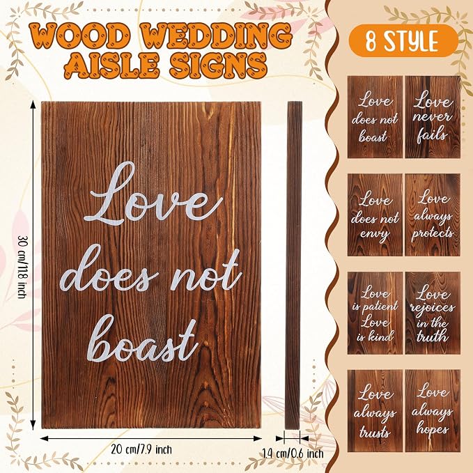 GlikCeil 8 Pcs Wedding Aisle Signs 11.8 x 7.9 Inch 1 Corinthians 13 Wooden Wedding Signs Love Is Patient Kind Rustic Wood Signage Bible Verses Wall Decor Gift(Charcoal Backing)