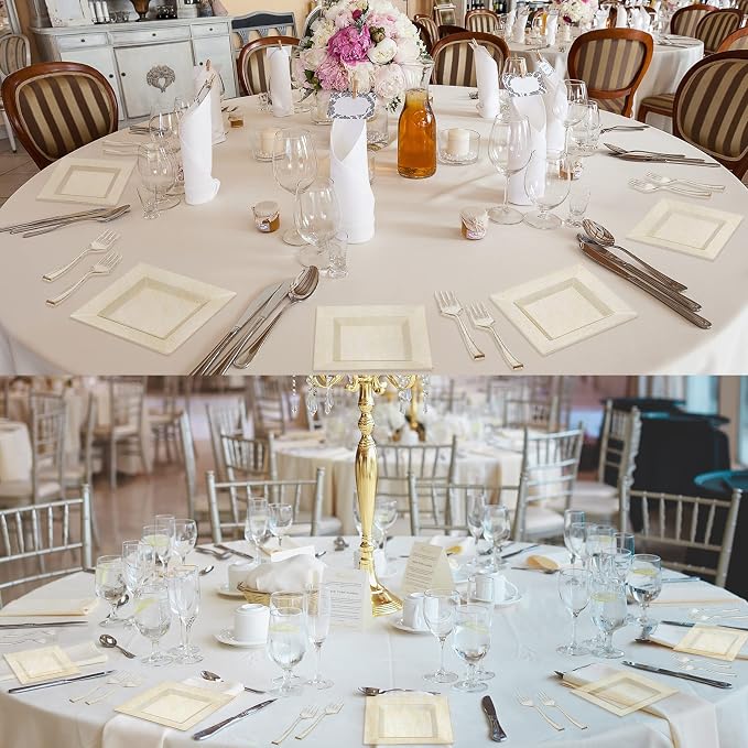 Eccliy 200 Pcs Gold Glitter Plastic Plate Sets Including 100 Disposable Glitter Plates 6.5 Inch and 100 Dessert Forks 5 Inch Clear Dinner Appetizer Forks Bulk for Birthday Wedding Party