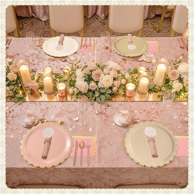 Mimorou 169 Pcs Champagne-gold Beige Plates and Napkins Party Supplies Rose Gold Tableware Include Scalloped Pink Plates Paper Napkin Cup Spoon Fork Knife for Boho Baby Shower, Wedding, Birthday