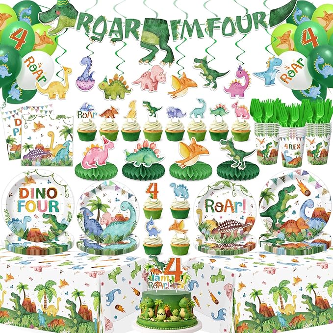 210 Pcs Dinosaur 4th Birthday Party Decorations (Serves 24), Four-Rex Jurassic Dinosaur Birthday Include Banner Hanging Plates Napkins Cups Forks Knifes Tablecloth Topper Balloons for Party