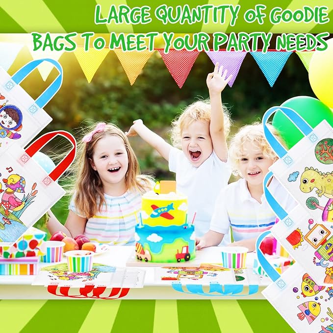Chunful 24 Pcs Coloring Goodie Gift Bags for Kids Birthday Party with 120 Makers, Reusable Coloring Tote Bags Cute Cartoon Party Favor Non Woven with Colorful Pens DIY Crafts (Lovely with Maker)
