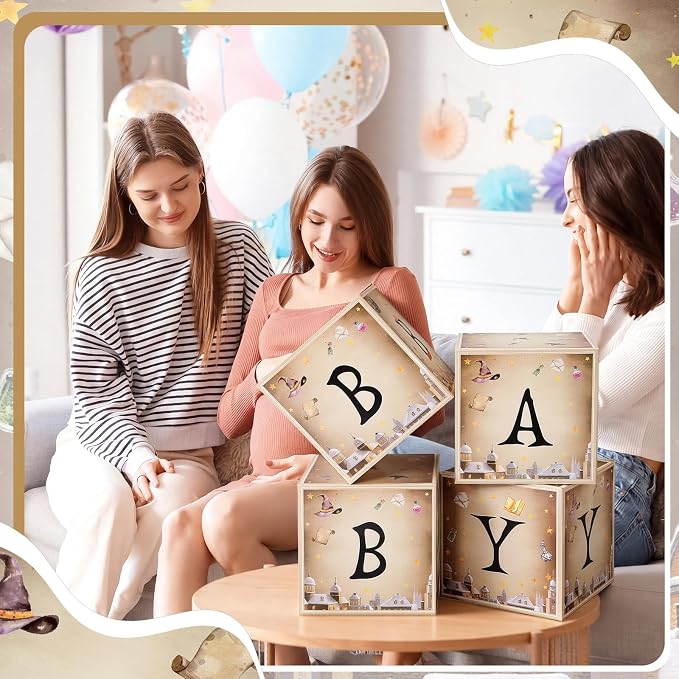 AmazingSpark 4 Pcs Magical Wizard Baby Shower Boxes with Letters Magical Wizard Theme Candy Box Decor with Letters Blocks Baby Shower Centerpiece for Party Backdrop