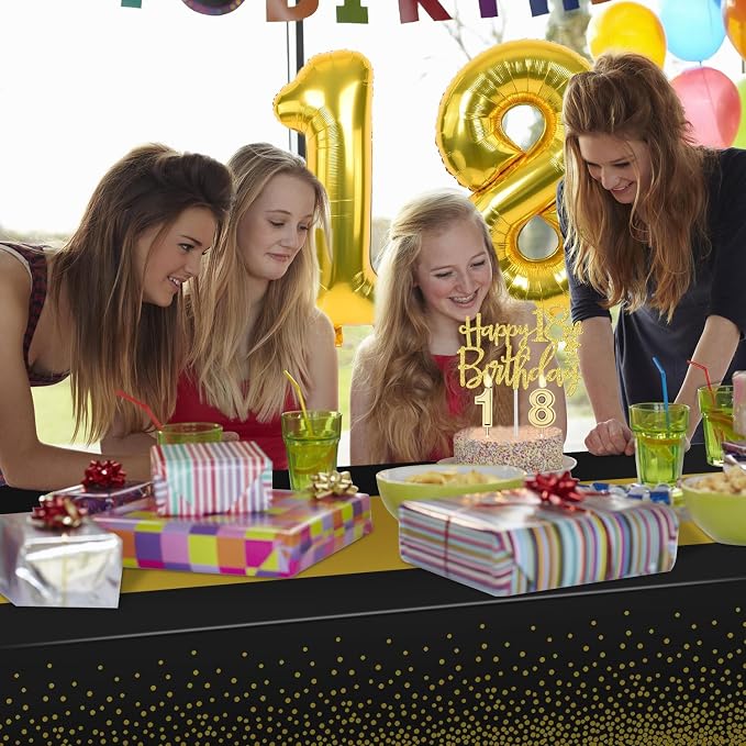 18th Birthday Decorations for Boys Girls with 18th Birthday Banner, Black and Gold Table Cloth, Number Balloons, Large Sash, Cake Topper and Candles