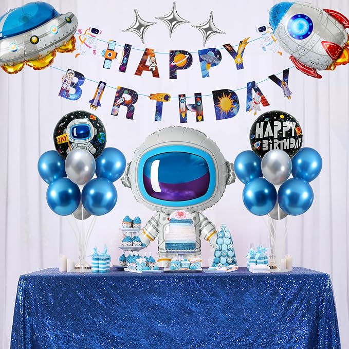 Outer Space Birthday Party Decorations, Space Themed Decor, Spaceship, Rocket, Astronaut Foil Balloon, Happy Birthday Banner, Balloon Stand Kit 2 Sets for Birth day Party Decor Boys