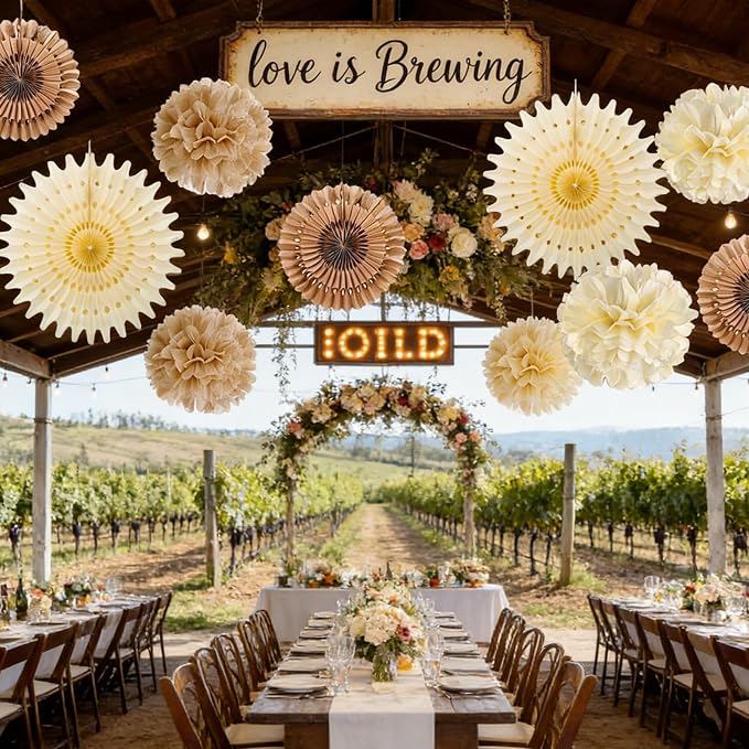 SUNBEAUTY Brown Party Decorations Boho Wedding Party Decor Brown Beige Tissue Pom Poms Paper Fans Hanging Neutral Women Birthday Party Decorations Bridal Shower Baby Shower Rustic Engagement Decor