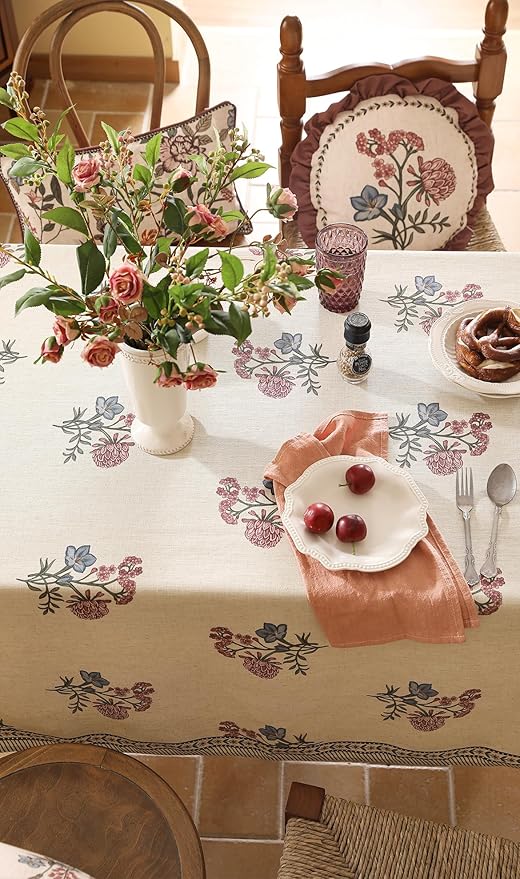 ISAENNE Designer French Linen Rectangular Tablecloth,94"x63"-Helena E | Vintage Elegant Beautiful Table Cloth for Rectangle Table,Floral Pattern,Heavyweight,Dining Room,Kitchen,Thanksgiving