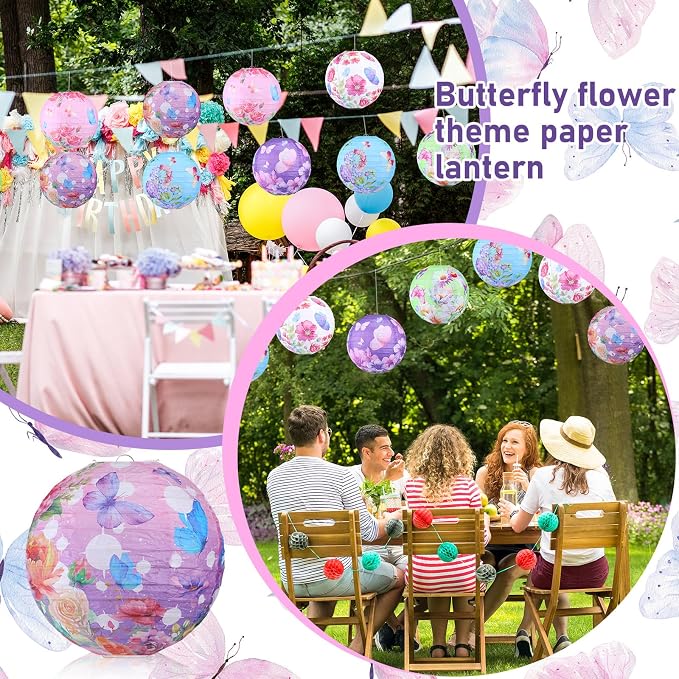 Panelee 12 Pcs Butterfly & Floral Theme Party Decorations Floral Hanging Paper Lanterns 8 Inches Round Flower Paper Lanterns for Summer Tea Party Ceiling Garden Wedding Bridal Decor Supplies