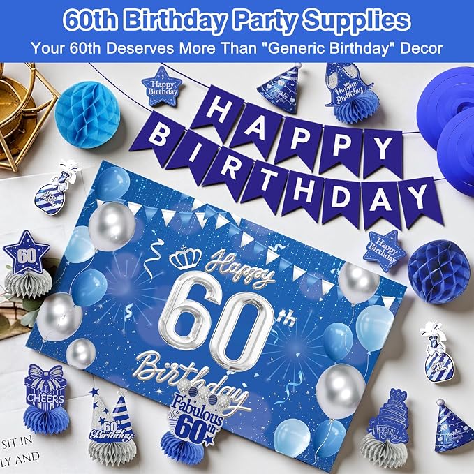 Happy 60th Birthday Party Decoration: Including Birthday Banner Backdrop, Party Table Centerpieces and Hanging Swirl Party Streamers, Birthday Decor for Men and Women (Blue, 60th Birthday)