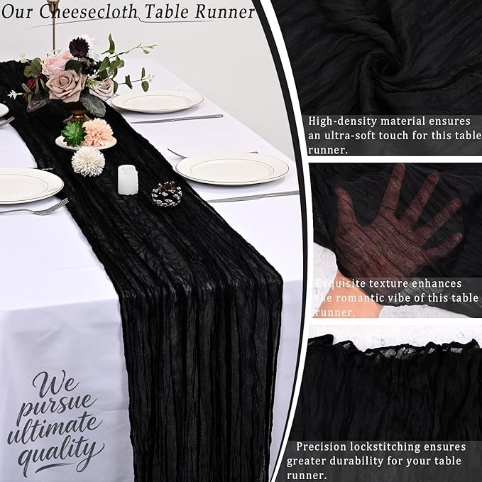 10 Pack Black Cheesecloth Table Runner 17x108 Inch Semi Sheer Boho Rustic Gauze Cheese Cloth Table Runners for Wedding Party Birthday Baby Shower Home Décor
