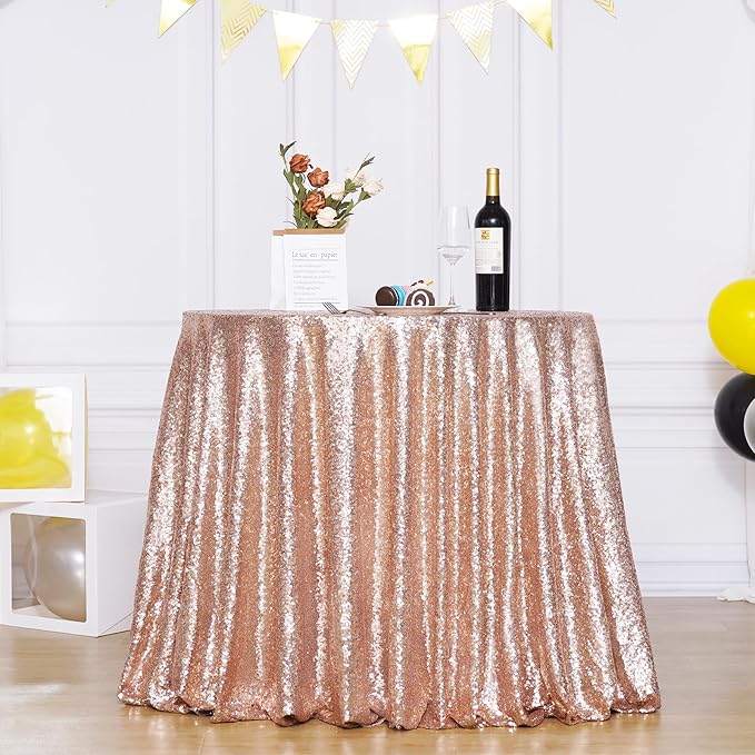Poise3EHome 90-Inch Round Sequin Tablecloth for Party Cake Dessert Table Exhibition Events, Rose Gold