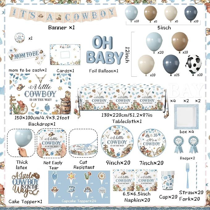 Cowboy Baby Shower Party Decorations for Boy A Little Cowboy is on the Way Disposable Paper Plates,Balloons Arch,Napkin,Cake Topper,Backdrop,Tablecloth,Banner for Wild West Baby Shower Party Supplies