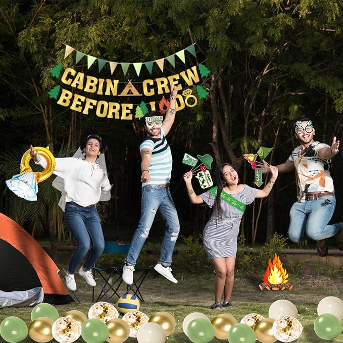 Camp Bachelorette Decorations Kit, Gold Green Bachelorette Party Supplies, Bachelorette Gifts for Bride Include Camping Party Banner, Bachelorette Temporary Tattoos, Bride Balloons Decor