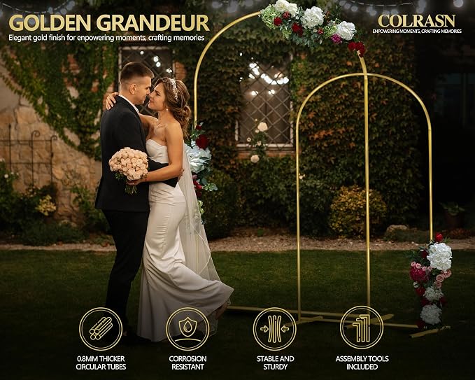 COLRASN Wedding Arch Backdrop Stand Set of 2 Gold Metal Balloon Arch Stand 7.2FT & 6.6FT Backdrop Frame for Birthday Party Wedding Ceremony Graduation Bridal Baby Shower Event Decor