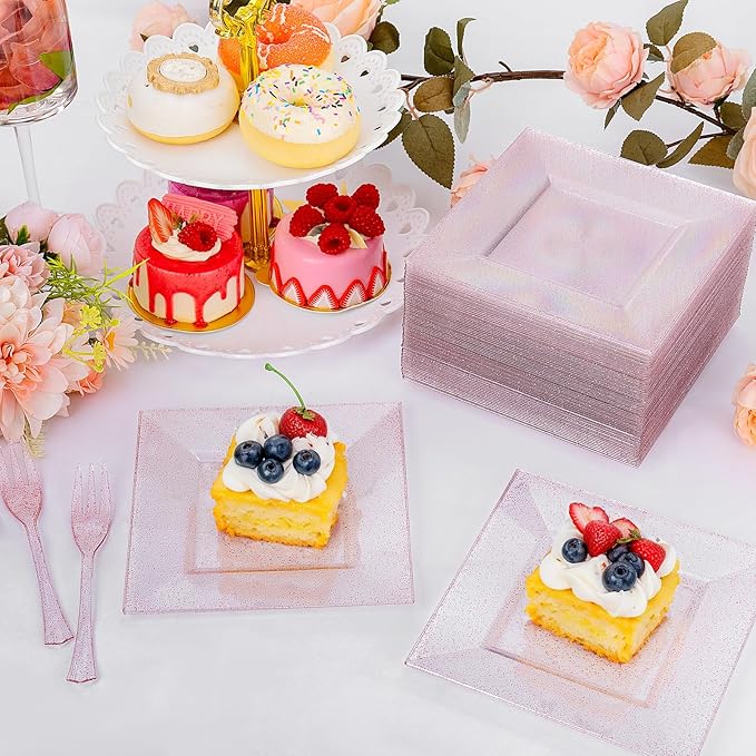 DaYammi 200 Pcs Pink Dessert Plates Including 100Pcs Appetizer plates 6'',100Pcs Plastic Forks 5.7'',Rose Glitter Plastic Square Plate for Wedding,Pink Cake plates and forks for Mother's Day Party