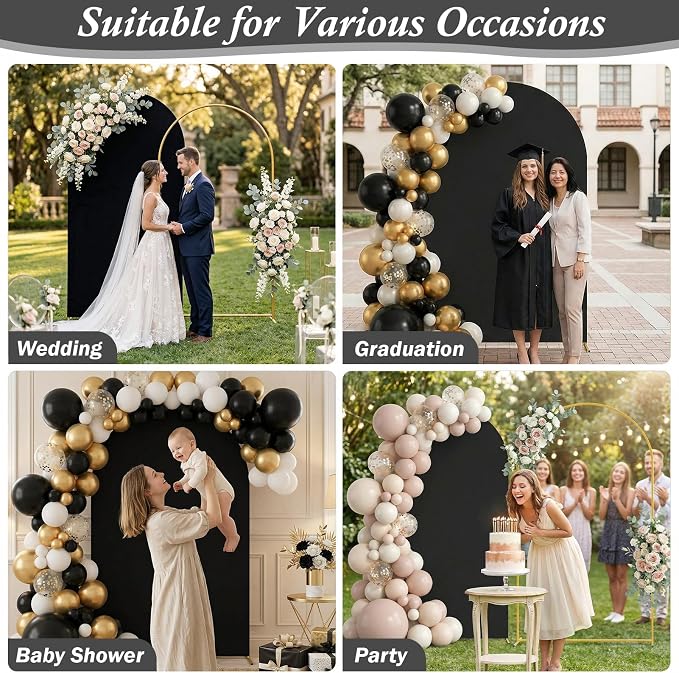 Arttown 7.2FT Gold Metal Arch Backdrop Stand and Black Arch Cover Set Suitable for Wedding Celebrations Birthday Parties Baby Showers Graduation Ceremonies Event Decoration