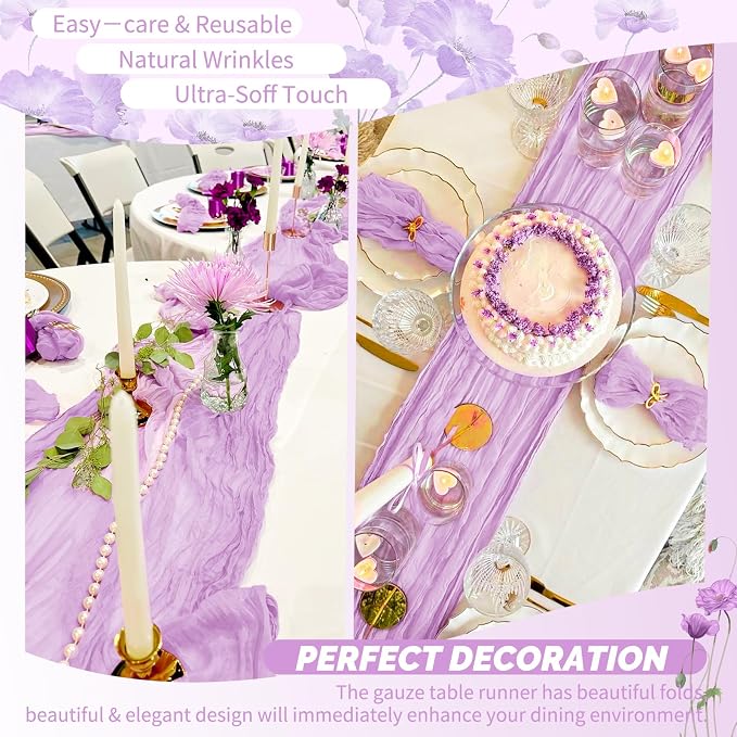 18 Pack Lilac Purple Cheesecloth Table Runner 17 x 108 inch Boho Gauze Table Runner Rustic Sheer Cheese Cloth Table Decorations for Wedding Party Baby Bridal Shower Birthday Holiday Home