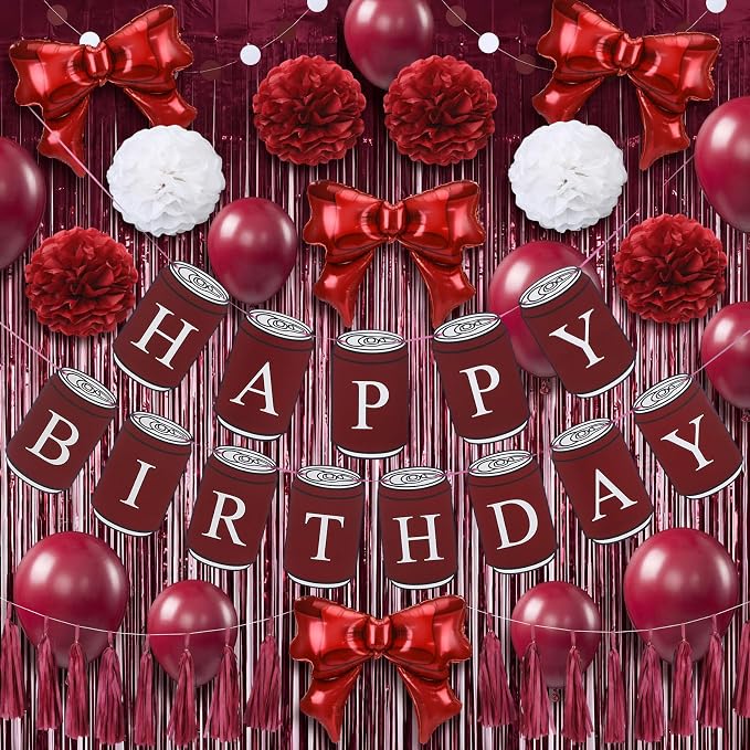 Arrowbash 33 Pcs Burgundy Maroon White Birthday Decorations Include Happy Birthday Banner, Red Tinsel Foil Backdrop, Tissue Paper Pom Poms, Circle Dots Garland, Bow Balloons, Paper Tassels