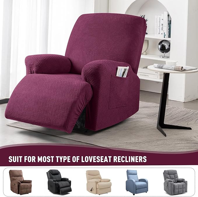 KinCam Recliner Covers, Stretch Reclining Chair Covers, Recliner Sofa Slipcovers Stripe Jacquard Recliner Couch Covers Furniture Protector Covers (1 XL Seater, Burgundy)