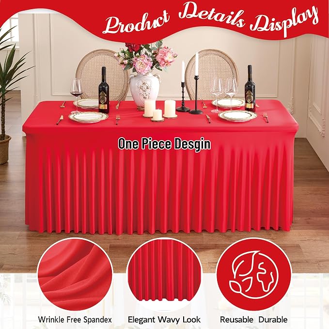 Outpain 6ft Spandex Polyester Blend Tablecloth for Standard Folding Tables - 6 Pack Red Table Protector for Party, Wedding, Banquet, Festival