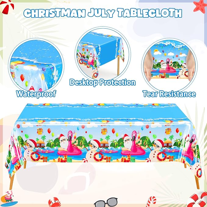 QZYL 122Pcs Summer Christmas Decorations, Tropical Beach Plates Party Supplies, Disposable Xmas in July Plates, Napkins, Cups, Forks and Tablecloth for Beach Pool Party, Serves 30 Guests