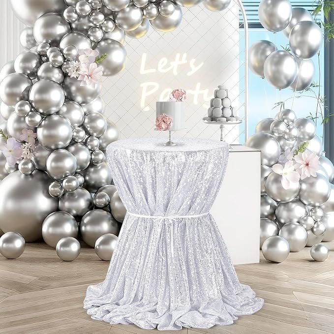 B-COOL Round Tablecloth Silver Decorations: 90 Inch Tablecloth Sequin Overlay Glitter Fabric for Birthday Dinner Parties