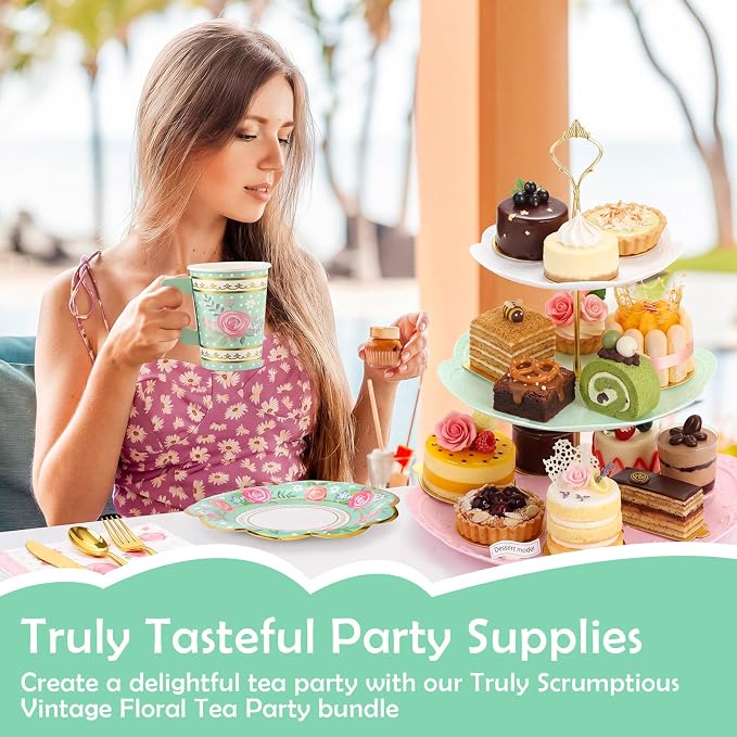 Layhit 83 Pcs Disposable Tea Party Set with 3 Tier Cake Stand Vintage Floral Paper Cups Plates Napkins Cutlery for Women Girls Birthday Baby Shower Bridal Shower Tea(Novel)