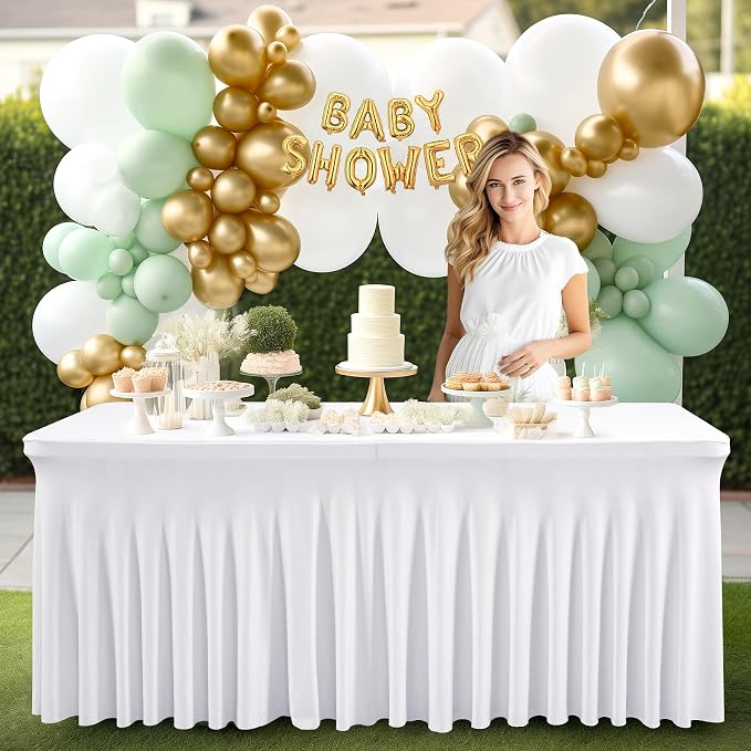 Wish Care 2 Pack White Spandex Table Clothes for 4 Foot Rectangle Tables, 4FT Wrinkle Free Fitted Tablecloths Ruffles Design Table Cover for Party, Banquet, Wedding and Events