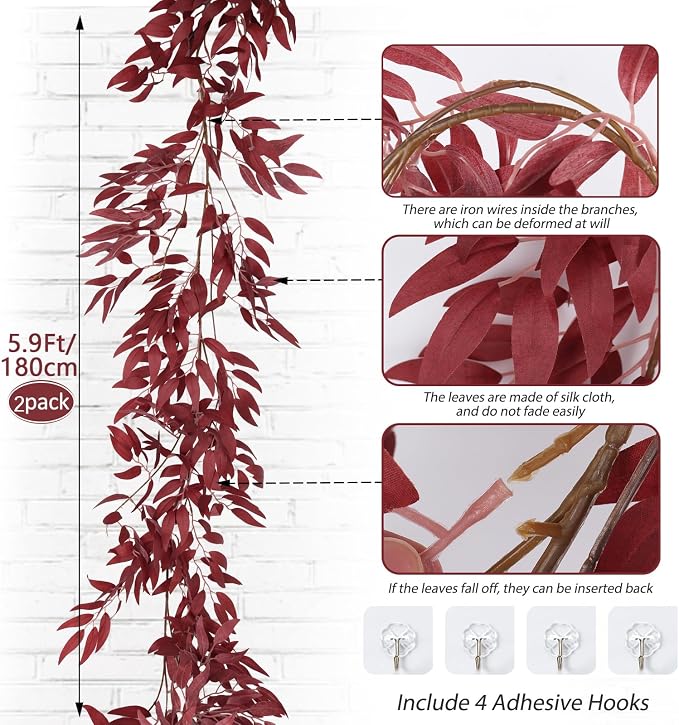 RECUTMS Artificial Hanging Willow Leaves Vine Twigs 2Pcs 5.9Ft Fake Silk Burgundy Leaf Ivy Fall Garland Faux Greenery Indoor Outdoor Valentines Day Wedding Birthday Christmas Thanksgiving Party Decor