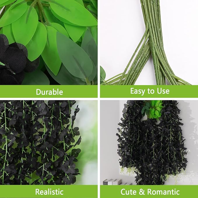 BLEUM CADE 10Pcs Black Fake Wisteria Hanging Flowers, 3.6Ft/Pcs Artificial Wisteria Garland, Hanging Flowers for Wedding Party Home Backdrop Wall Decoration