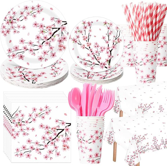 Funnymoom 452 Pcs Cherry Blossom Party Decorations Supplies Include Cherry Blossom Paper Plates Napkins Cups Tablecloth Cutlery Straws for Baby Shower Birthday Bridal Shower Wedding Party