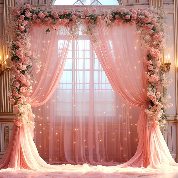 10x10ft Dusty Rose Tulle Backdrop Curtain with Lights String for Parites, Sheer Photo Backdrop Drapes with Lights for Wedding Backdrop Ceremony Reception Bridal Shower Baby Shower Birthday Party