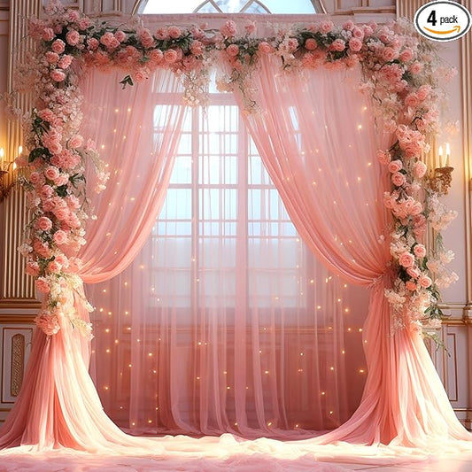 20x8ft Dusty Rose Tulle Backdrop Curtain with Lights String for Parites, Sheer Photo Backdrop Drapes with Lights for Wedding Backdrop Ceremony Reception Bridal Shower Baby Shower Birthday Party