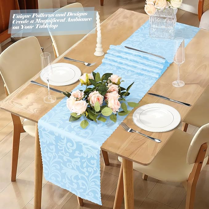 MILVOWOC 12 Pack Light Blue Satin Table Runner, 12 x 72 Inch Jacquard Damask Rectangle Bright Silky Decorative Table Runner for Party Banquet Birthday Dinner Wedding Table Decor