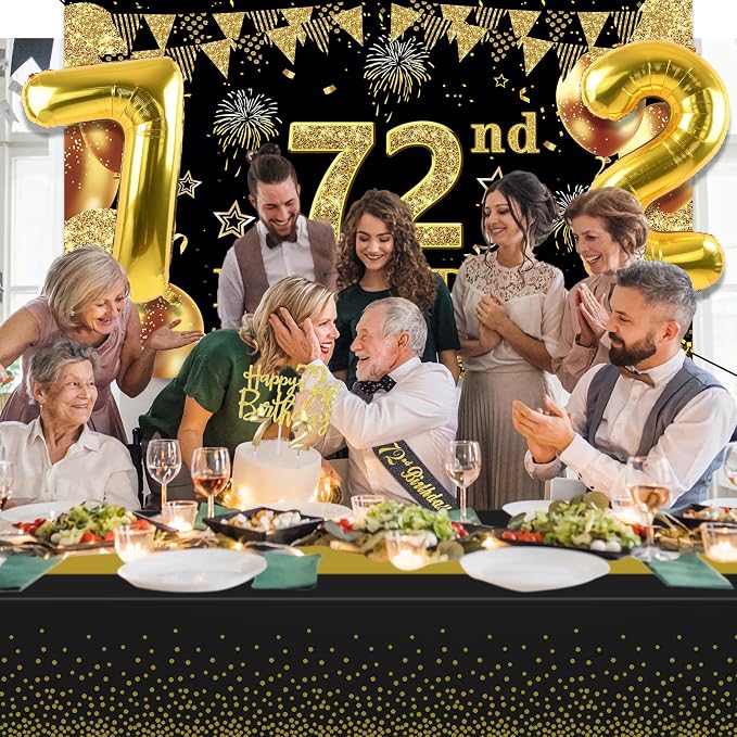 72nd Birthday Decorations Men Women With 72nd Birthday Banner, Black And Gold Table Cloth,Number Balloons, Sash, Cake Topper and Candles