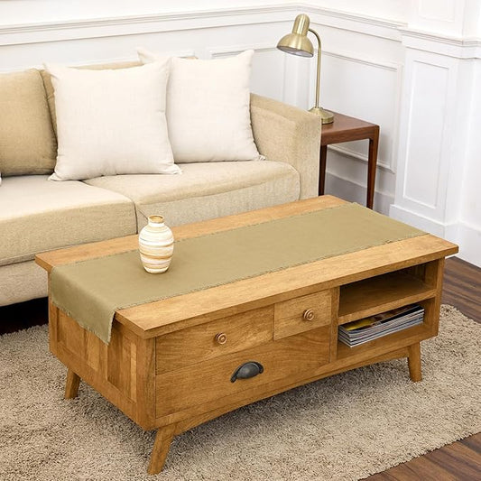 Solino Home Fringe Linen Table Runner 48 Inches - 100% Pure Linen Kelp Table Runner 14 x 48 Inch Ideal for Dresser and Coffee Tables, Spring, Summer, Mothers Day