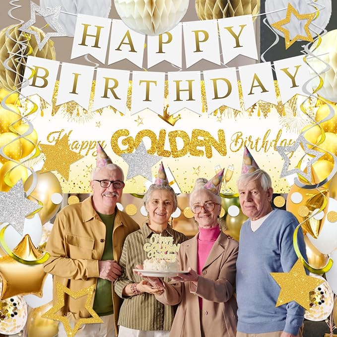 Golden Birthday Party Decorations, Happy Birthday Banner, Backdrop, Balloons, Honeycomb Balls, Star Foil Balloons, Stars Hanging Swirls & Cake Topper for Baby Boys Girl Men Women Birthday Decoration