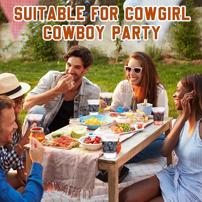 Funnymoom 60 Pack Western Cowboy Cups 12 oz Black Bandana Paisley Print Disposable Clear Plastic Cups for Western Cowboy Birthday Party Decoration Supplies