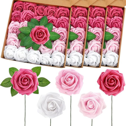 100 Pcs Artificial Foam Rose Flower Faux Bouquet Wedding Fake Rose Gift for Mother's Day Women DIY Bridal Shower Party Table Birthday Home Spring Decor (Gradient Pink)