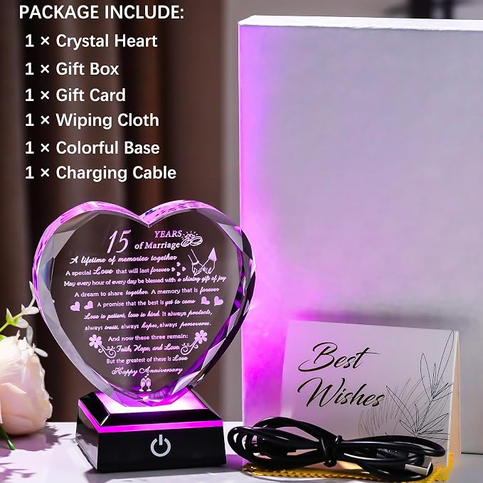 15th Wedding Anniversary Crystal Gifts for Couples with Colorful LED Base,Happy 15th Wedding Anniversary Keepsake Gifts for Her Him, Romantic 15 Years of Marriage Heart Gift for Wife Husband