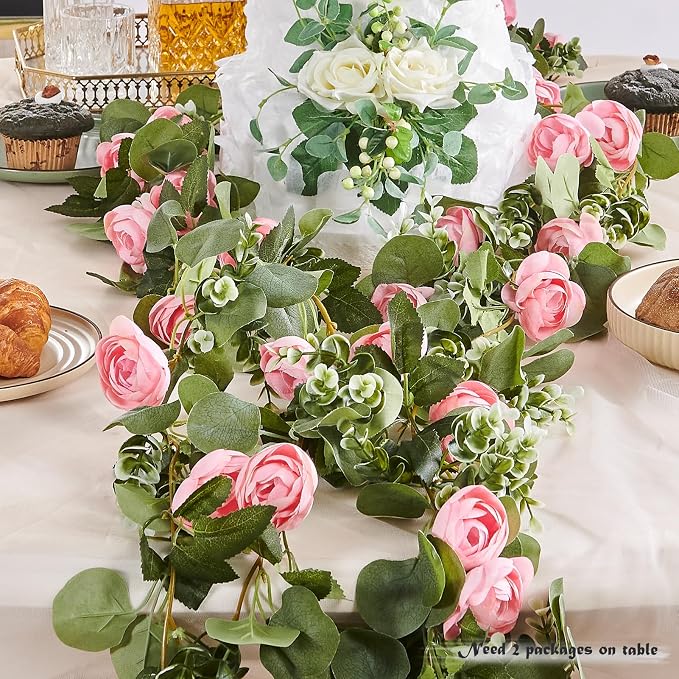 PONKING Flower Garland Artificial Rose Vine Flowers Hanging Fake Roses Vines for Wedding Birthday Party Valentines Christmas Room Wall Arch Decor, 2 Pink Floral Garland Decorations